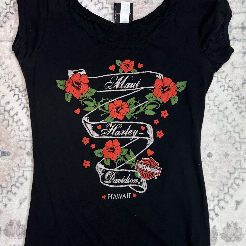 Y2K Women's Harley Davidson Maui Hawaii T-Shirt Roses Sparkle Size Medium Black